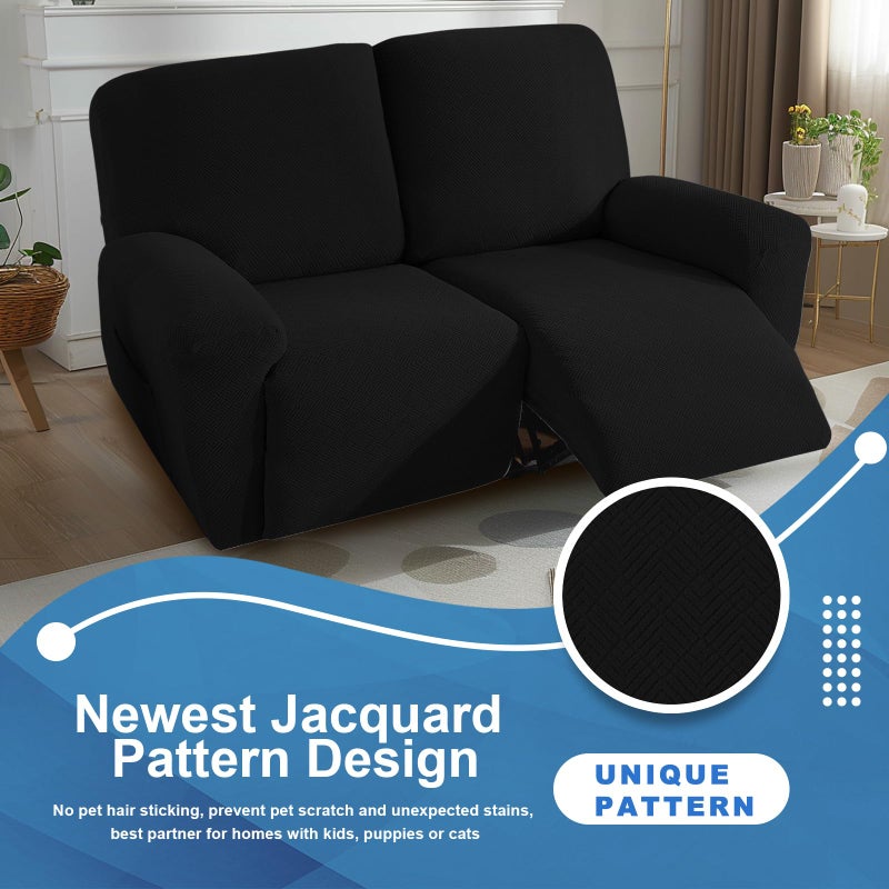 JIVINER 4 Pieces Recliner Loveseat Covers Stretch Recliner Sofa Slipcover with Elastic Bottom Jacquard Fitted Reclining Couch Cover Furniture Protector with Pockets (2 Seater  Black) - Image 2